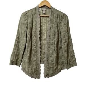 Chico's Womens Crochet Trim Palm‎ Leaf Open Front Cardigan Size S Green Boho